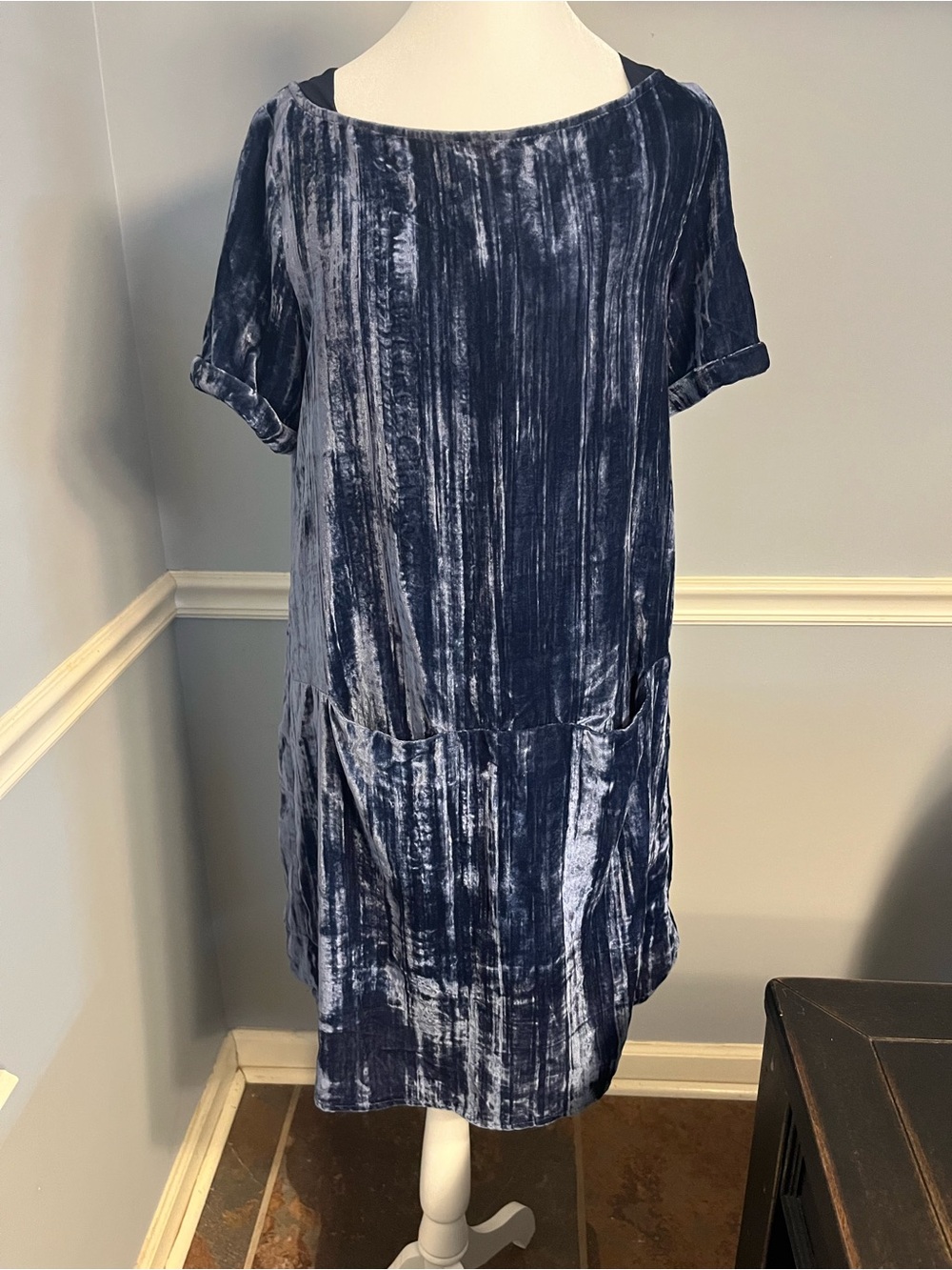 Floreat Navy Crushed Velvet Midi Dress with pockets